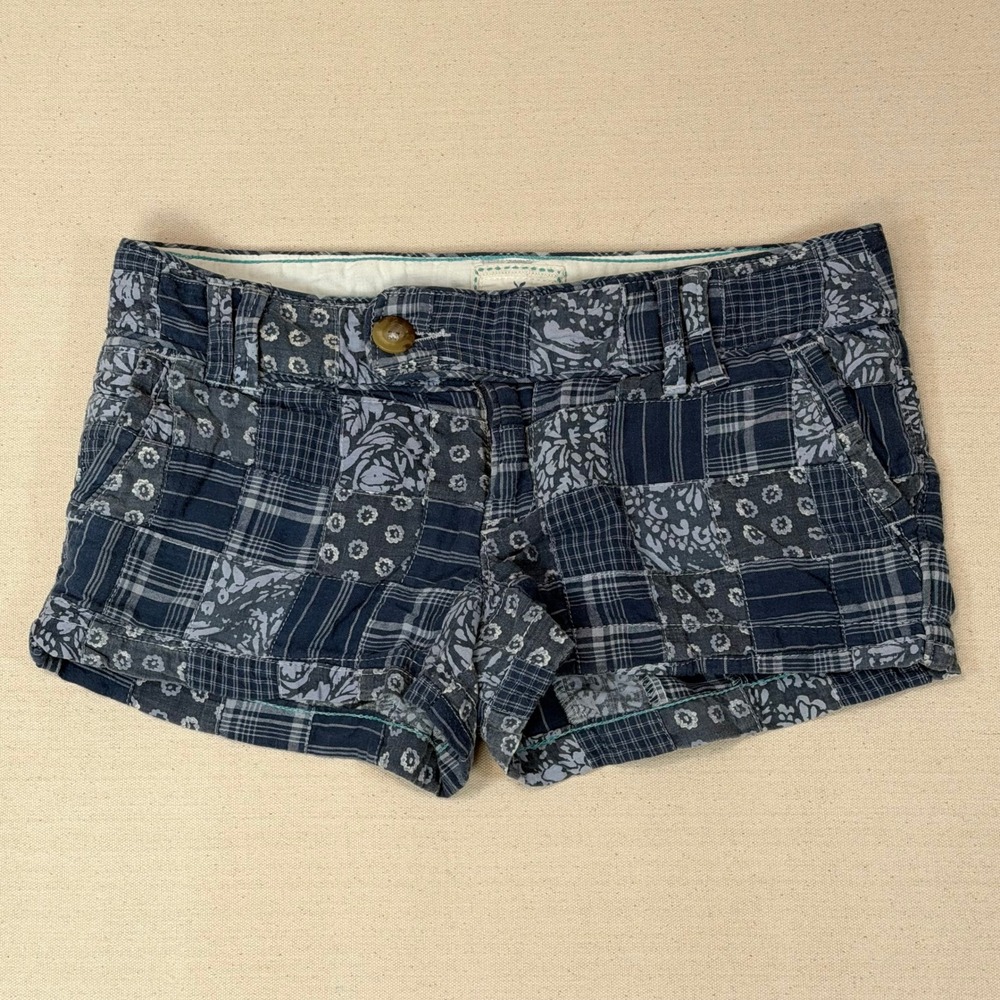 American Eagle Blue Patchwork Shorts Womens 4 Plaid Floral Boho y2k Cotton
